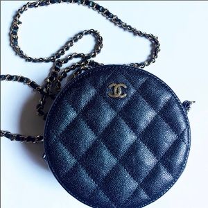 Chanel round purse with long chain